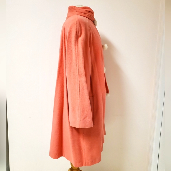 Vintage 80s Coral Pink Pompom Wool Blend Winter Coat with Inset Scarf - Picture 4 of 7